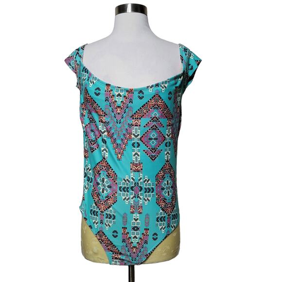 Mae Amazon Green Swimwear Off the Shoulder One Piece Swimsuit Geometric Large - Picture 2 of 10